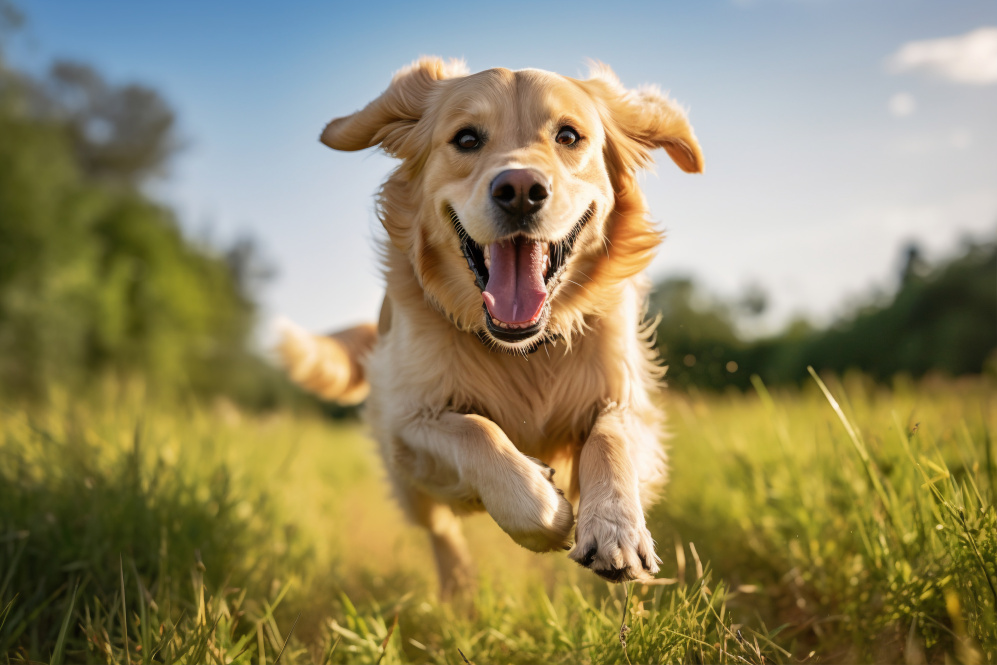 Ein fröhlicher Hund läuft auf dich zu.